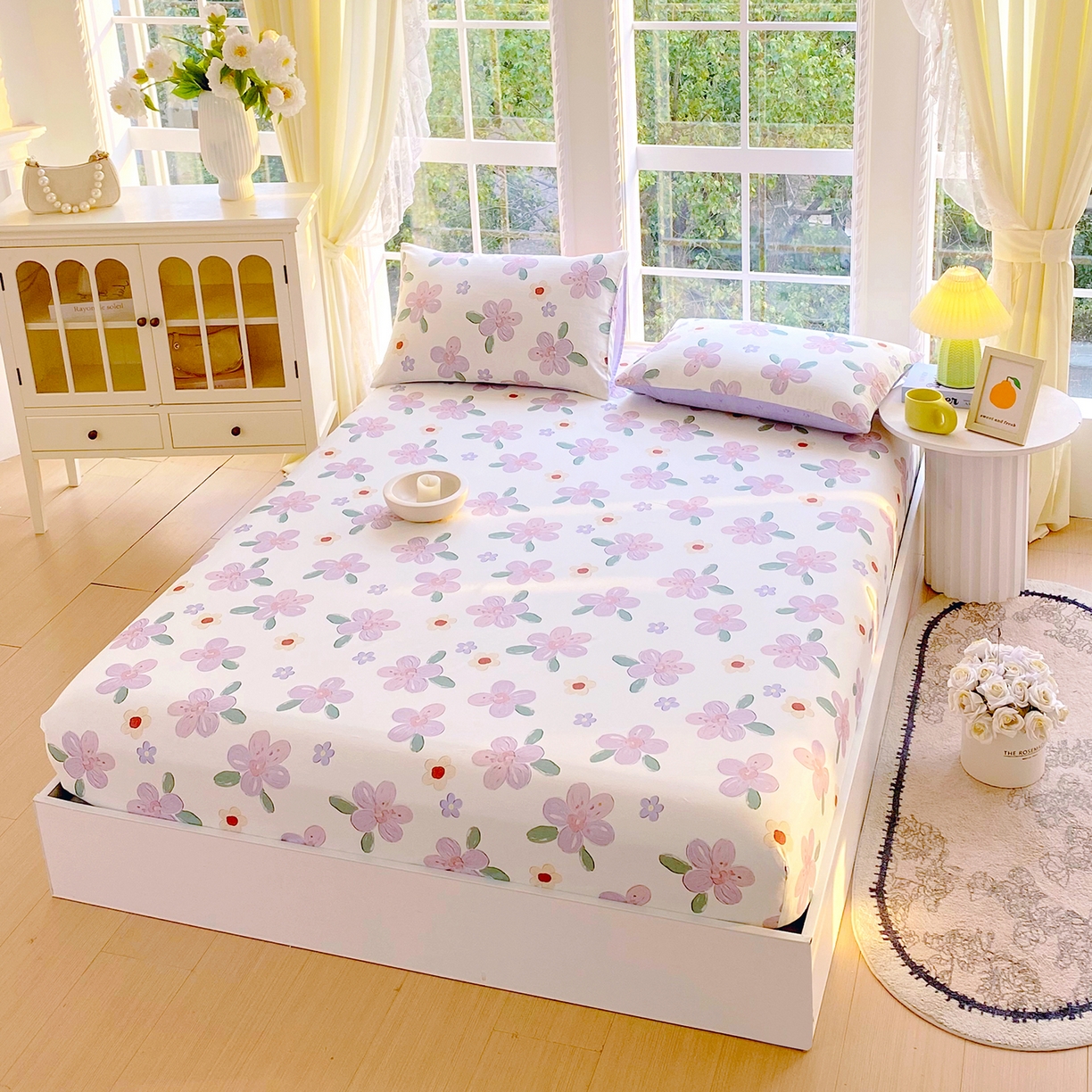 91家纺网 家纺一手货源 找家纺 小懒猪 2026新款全棉印花床笠 淡紫花屹