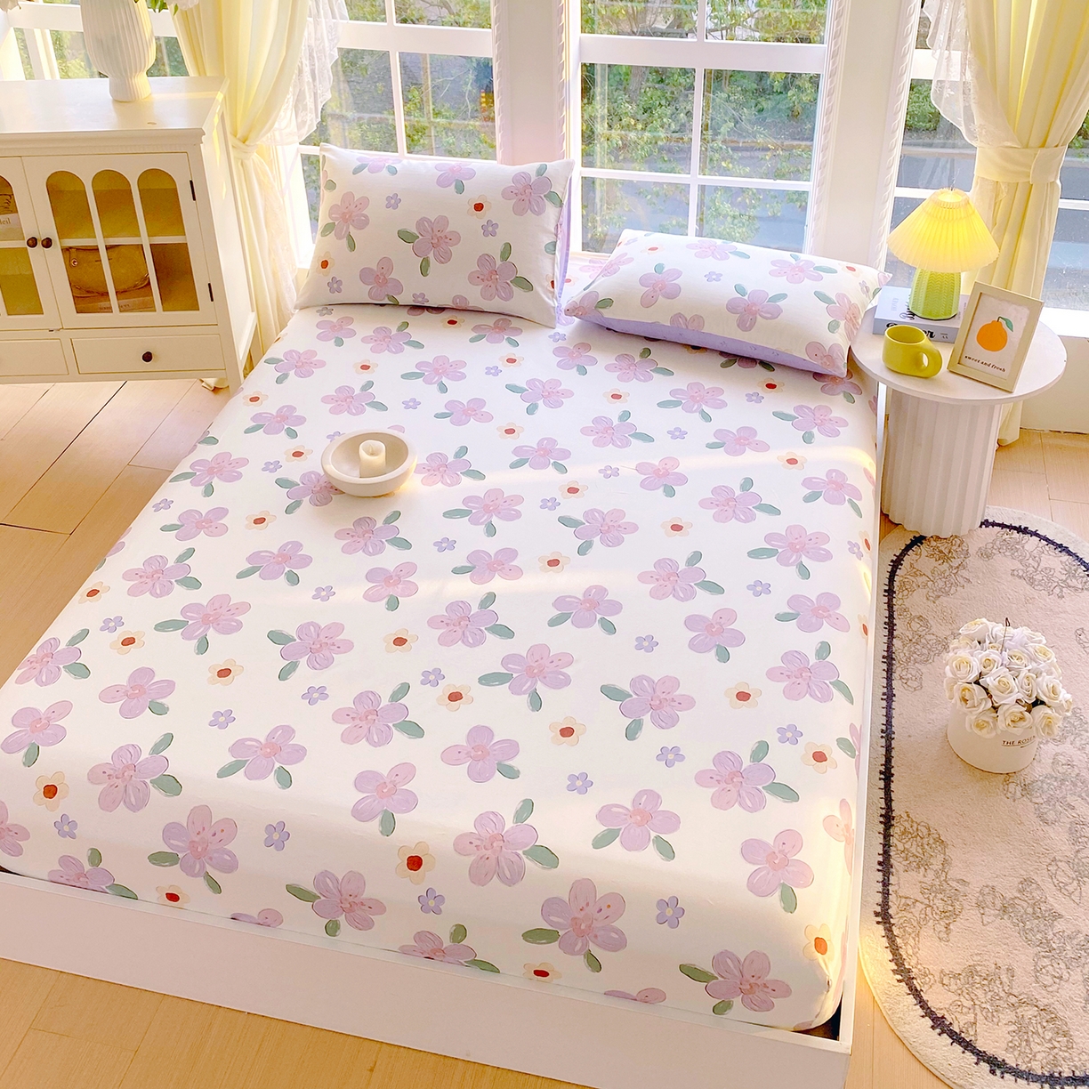 91家纺网 家纺一手货源 找家纺 小懒猪 2026新款全棉印花床笠 淡紫花屹