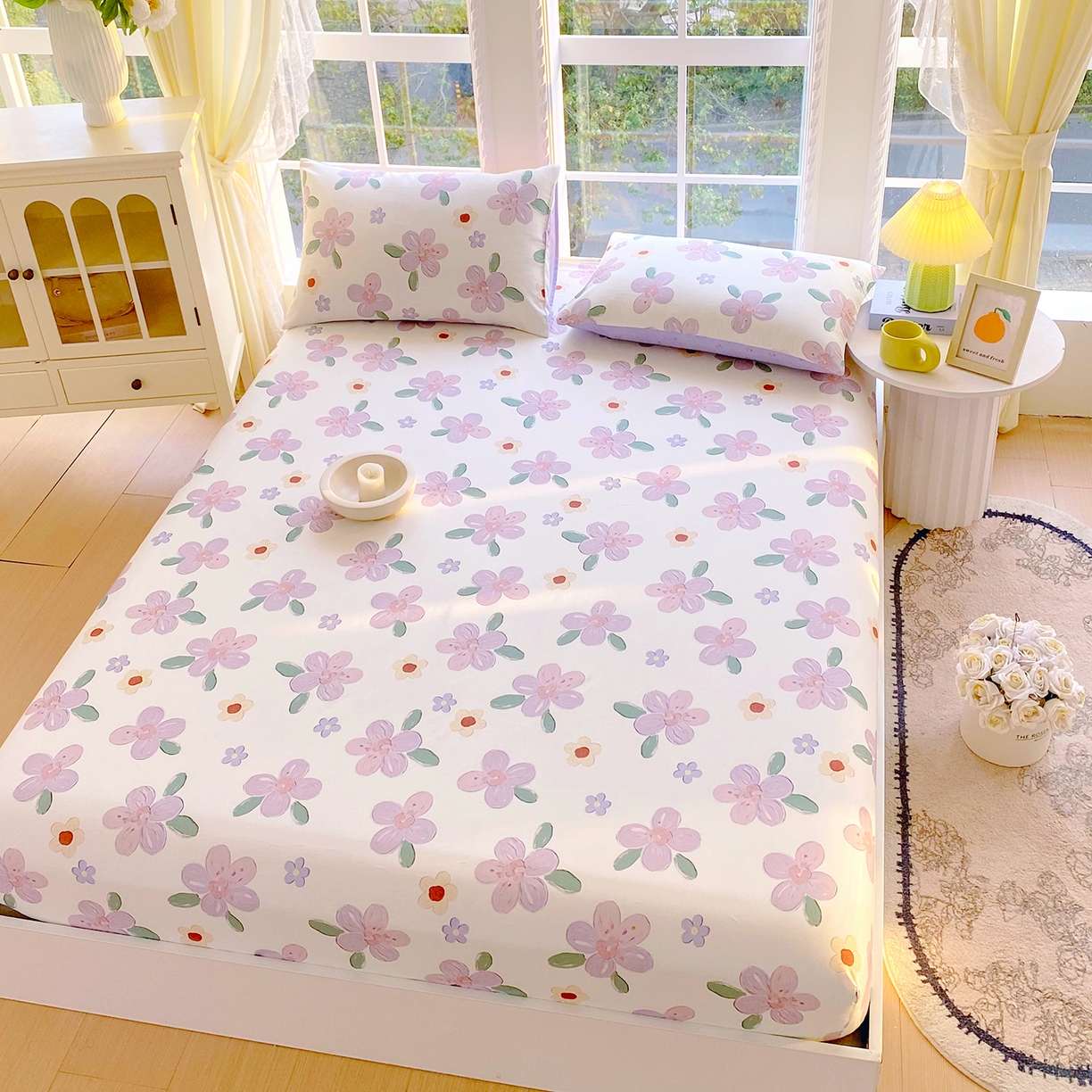 91家纺网 家纺一手货源 找家纺 小懒猪 2026新款全棉印花床笠 淡紫花屹