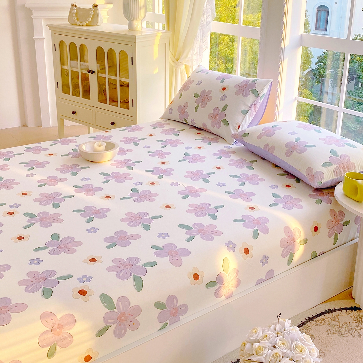 91家纺网 家纺一手货源 找家纺 小懒猪 2026新款全棉印花床笠 淡紫花屹