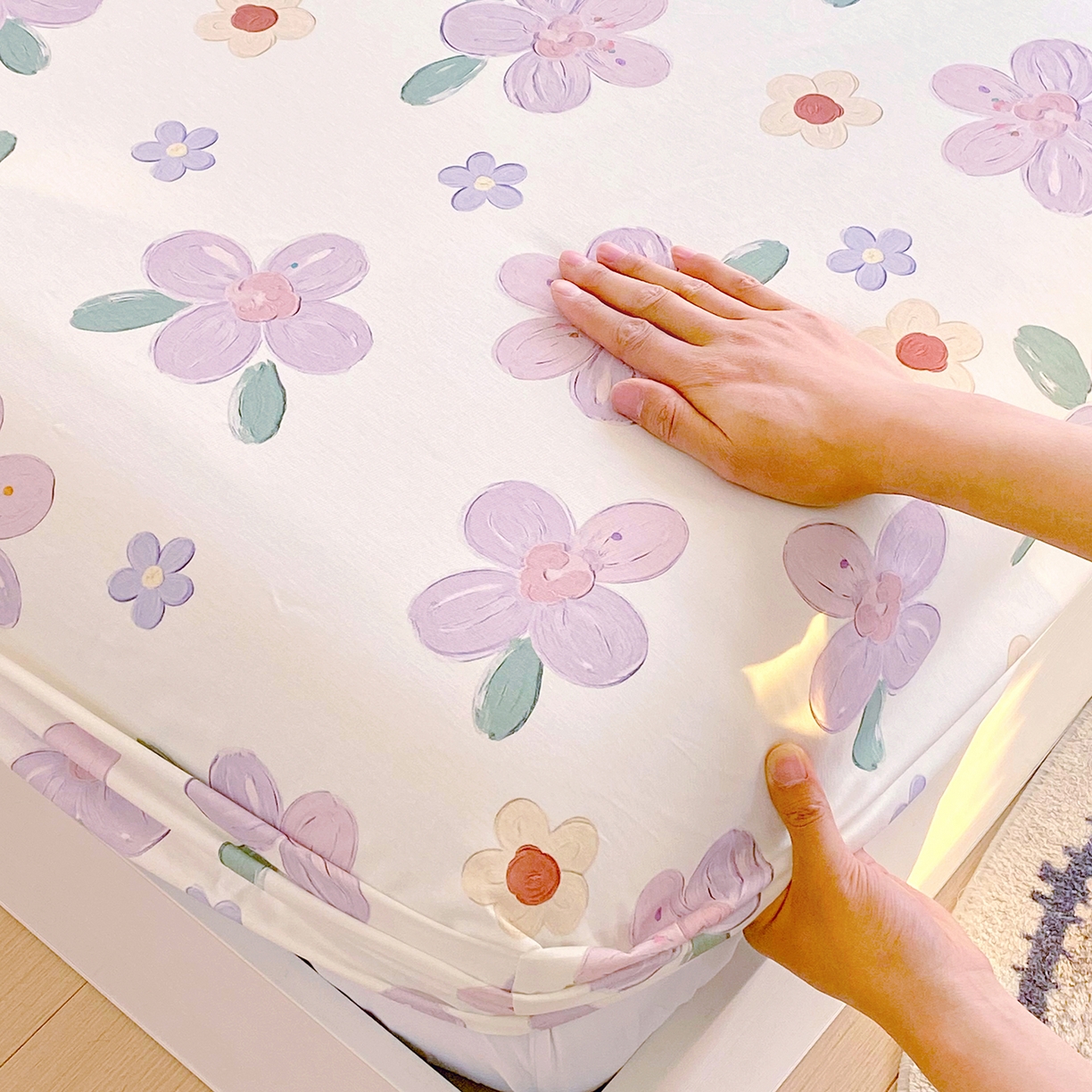 91家纺网 家纺一手货源 找家纺 小懒猪 2026新款全棉印花床笠 淡紫花屹