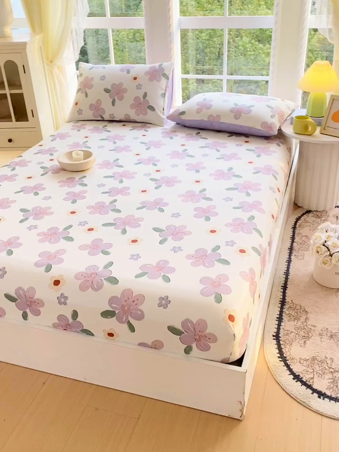 91家纺网 家纺一手货源 找家纺 小懒猪 2026新款全棉印花床笠 淡紫花屹