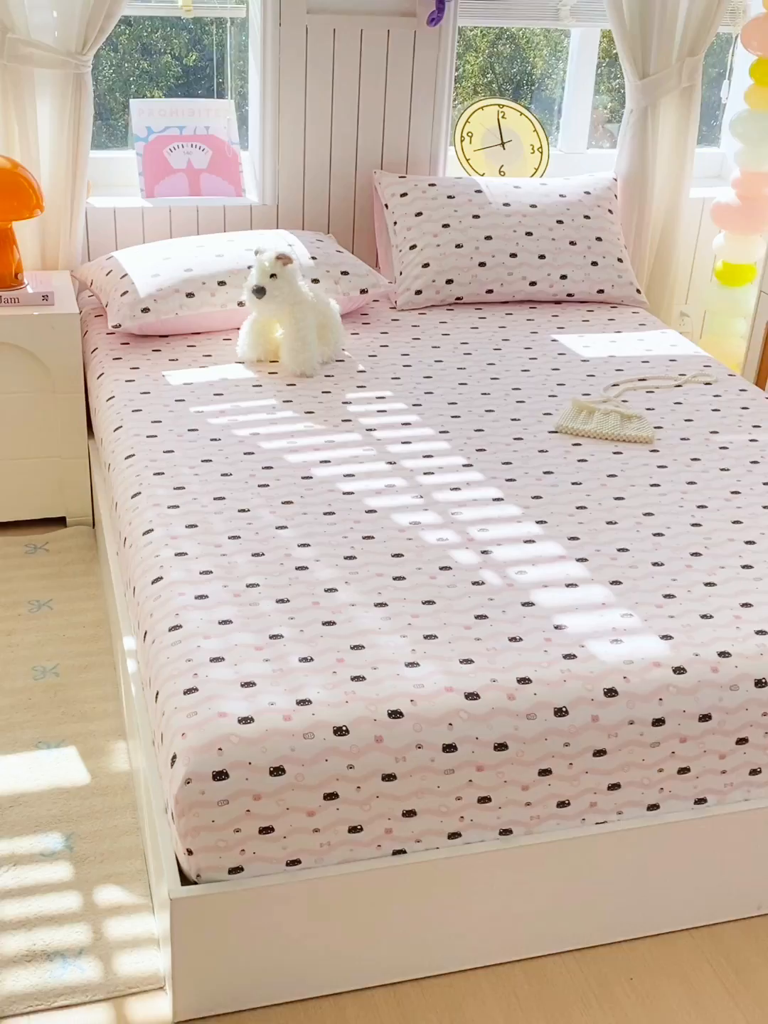 91家纺网 家纺一手货源 找家纺 小懒猪 2026新款全棉印花床笠 粉喵甜梦