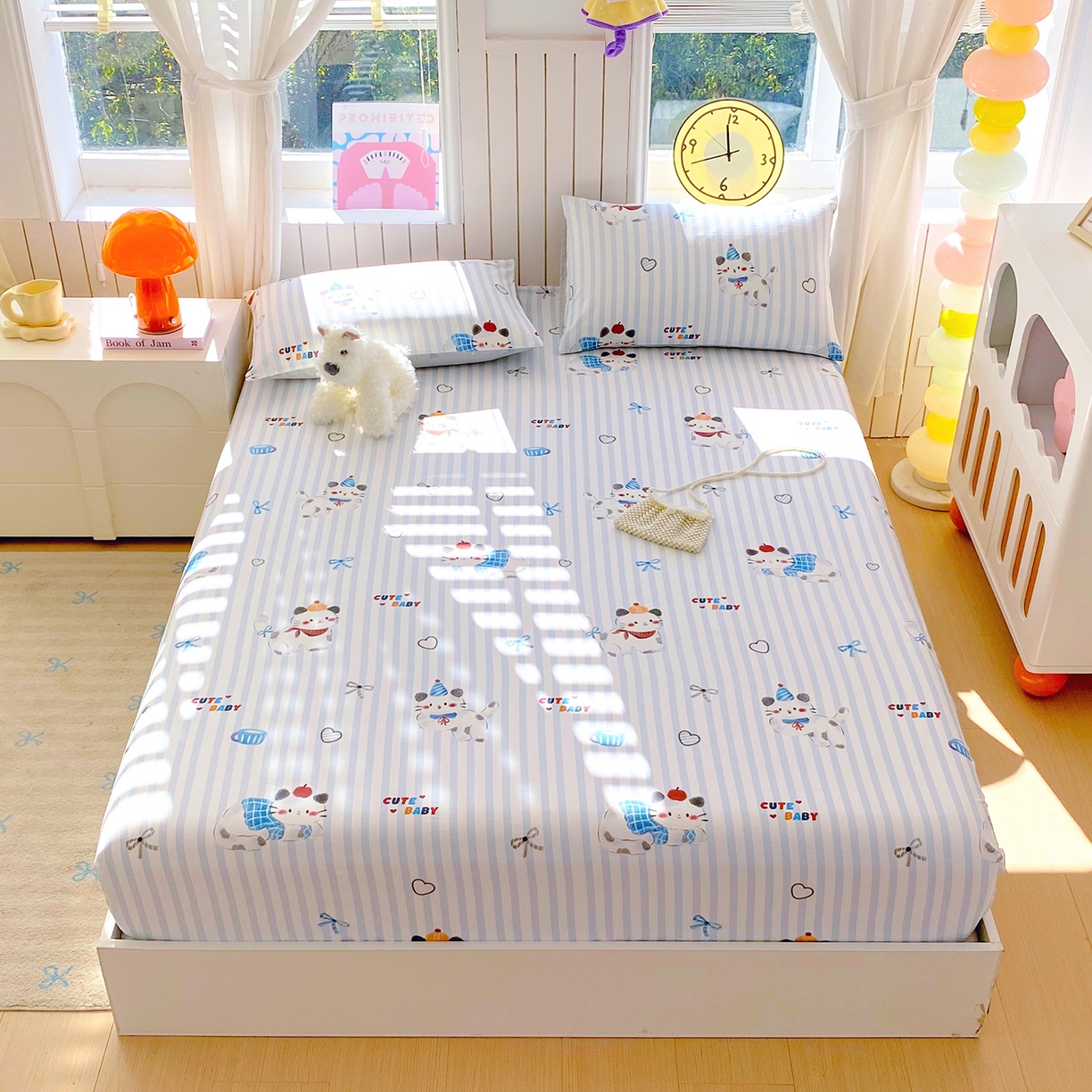 91家纺网 家纺一手货源 找家纺 小懒猪 2026新款全棉印花床笠 蓝调喵趣