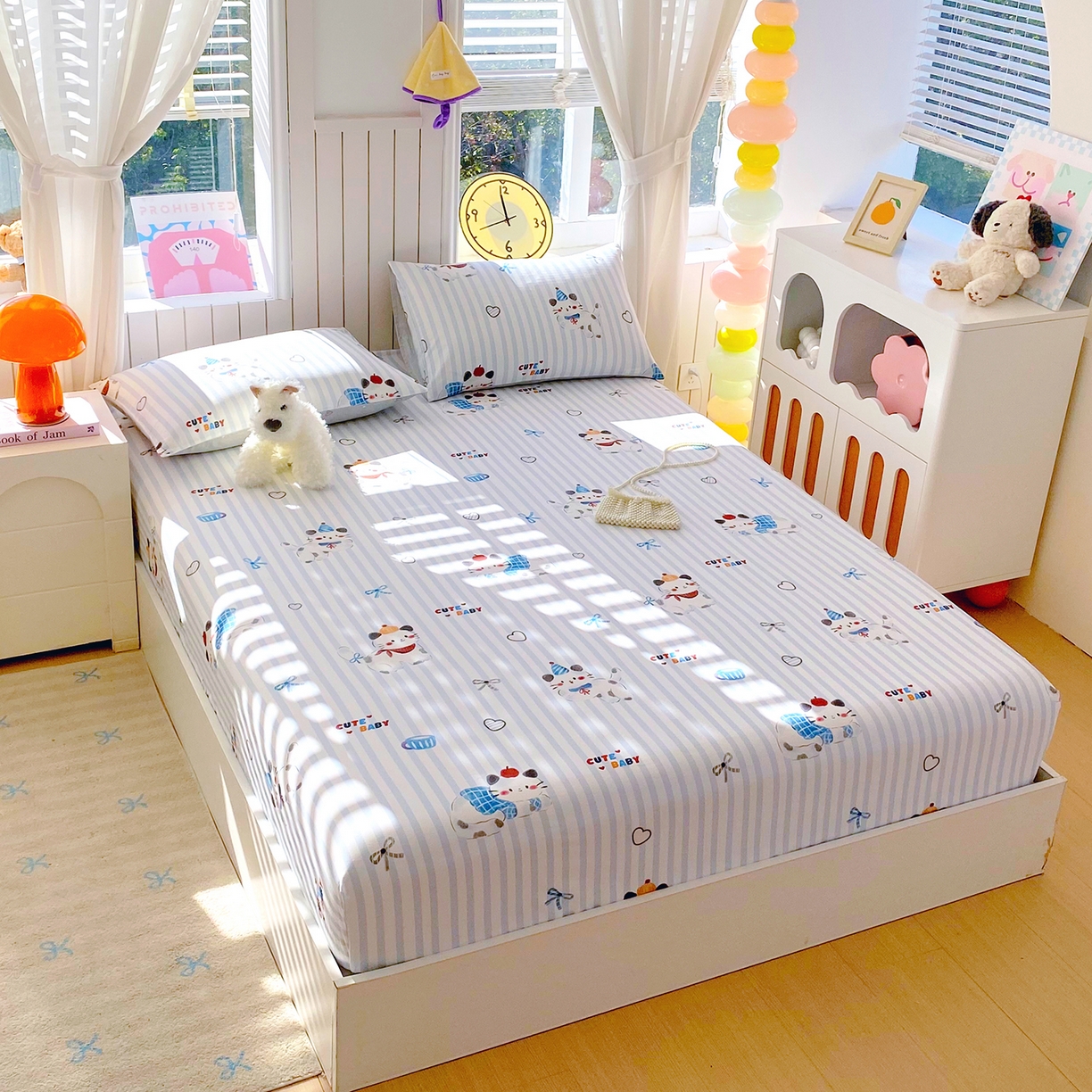 91家纺网 家纺一手货源 找家纺 小懒猪 2026新款全棉印花床笠 蓝调喵趣