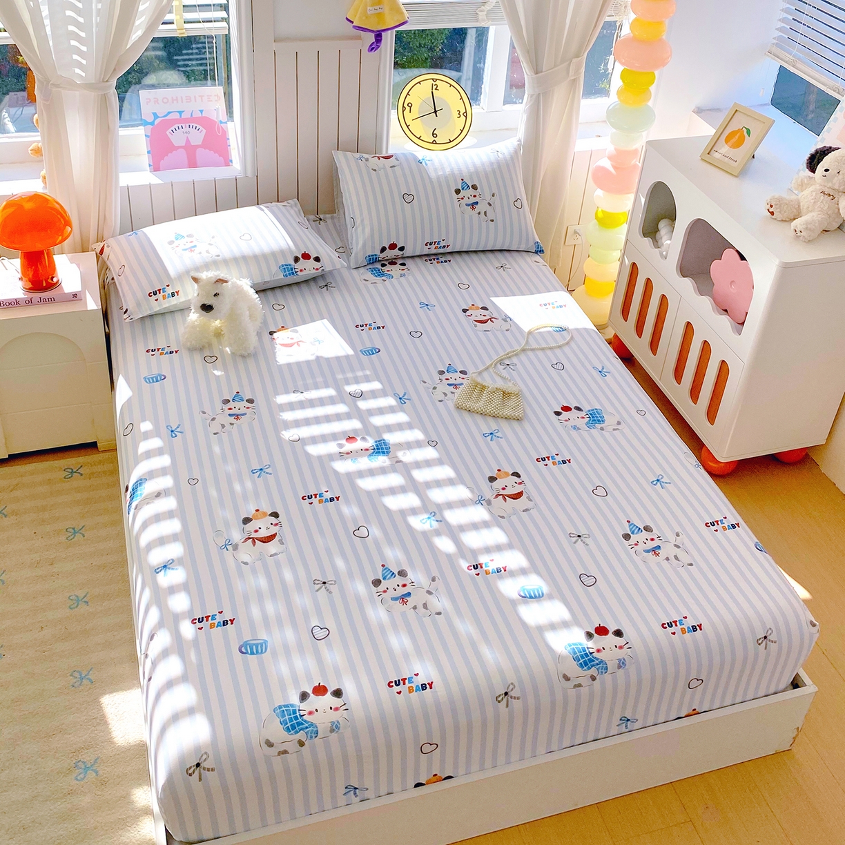 91家纺网 家纺一手货源 找家纺 小懒猪 2026新款全棉印花床笠 蓝调喵趣