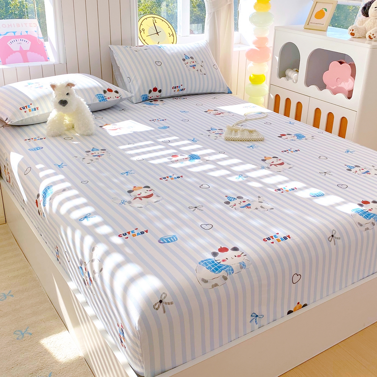 91家纺网 家纺一手货源 找家纺 小懒猪 2026新款全棉印花床笠 蓝调喵趣