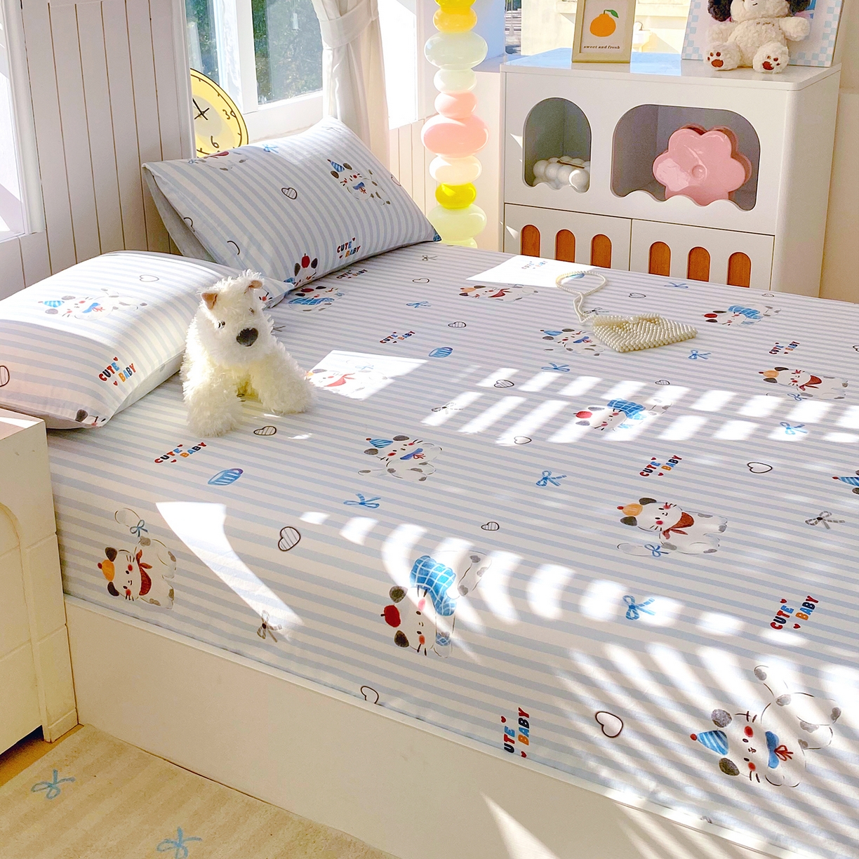 91家纺网 家纺一手货源 找家纺 小懒猪 2026新款全棉印花床笠 蓝调喵趣