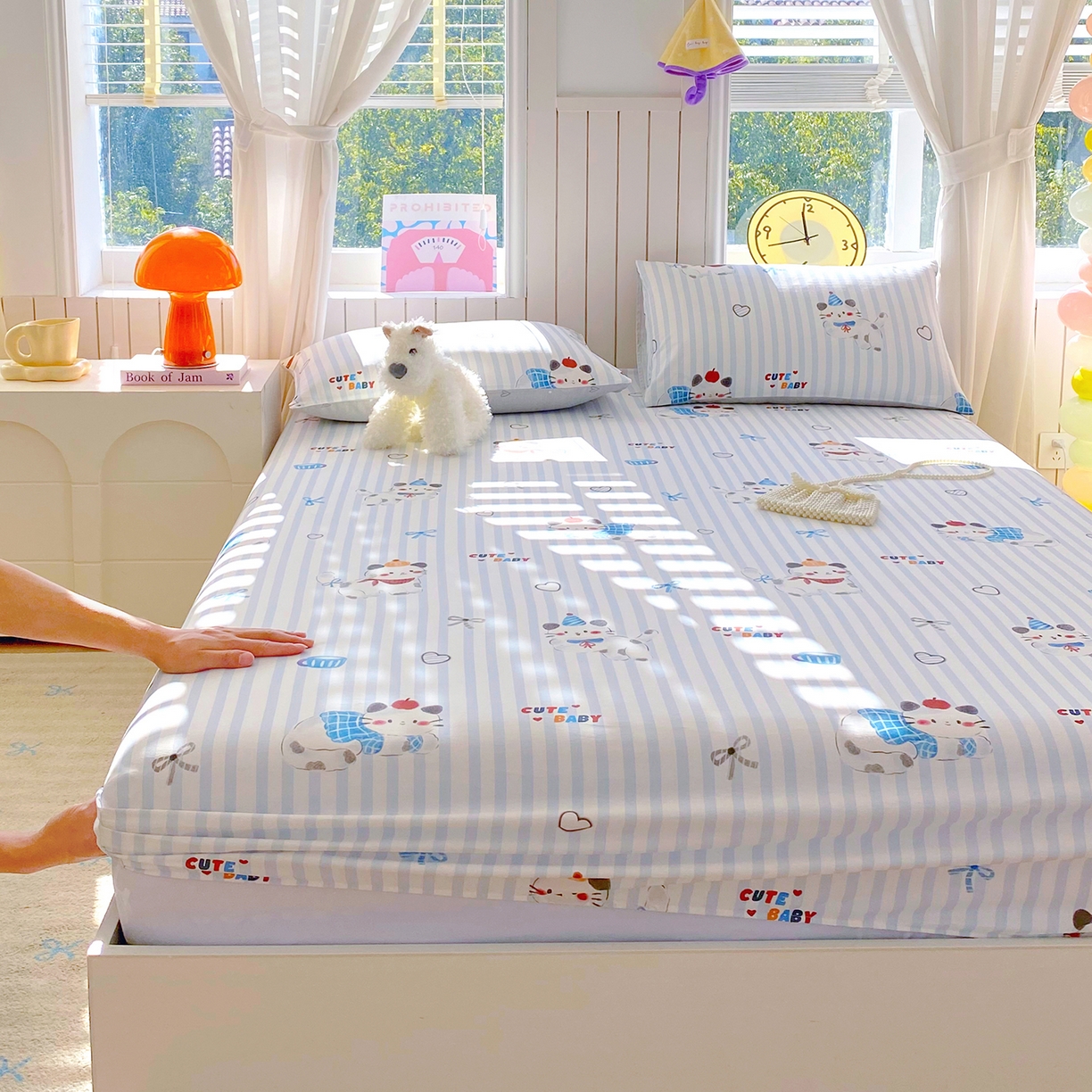 91家纺网 家纺一手货源 找家纺 小懒猪 2026新款全棉印花床笠 蓝调喵趣