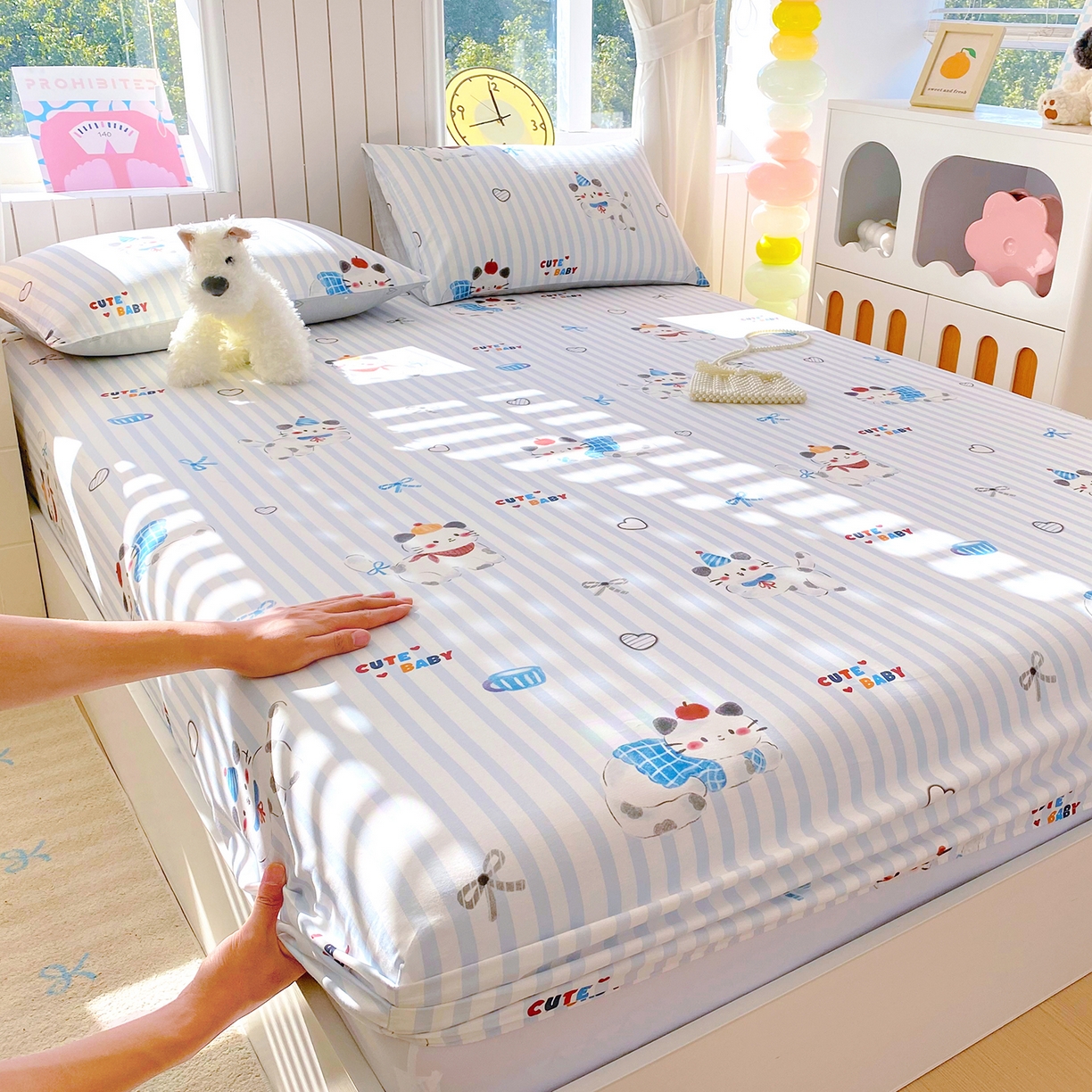 91家纺网 家纺一手货源 找家纺 小懒猪 2026新款全棉印花床笠 蓝调喵趣