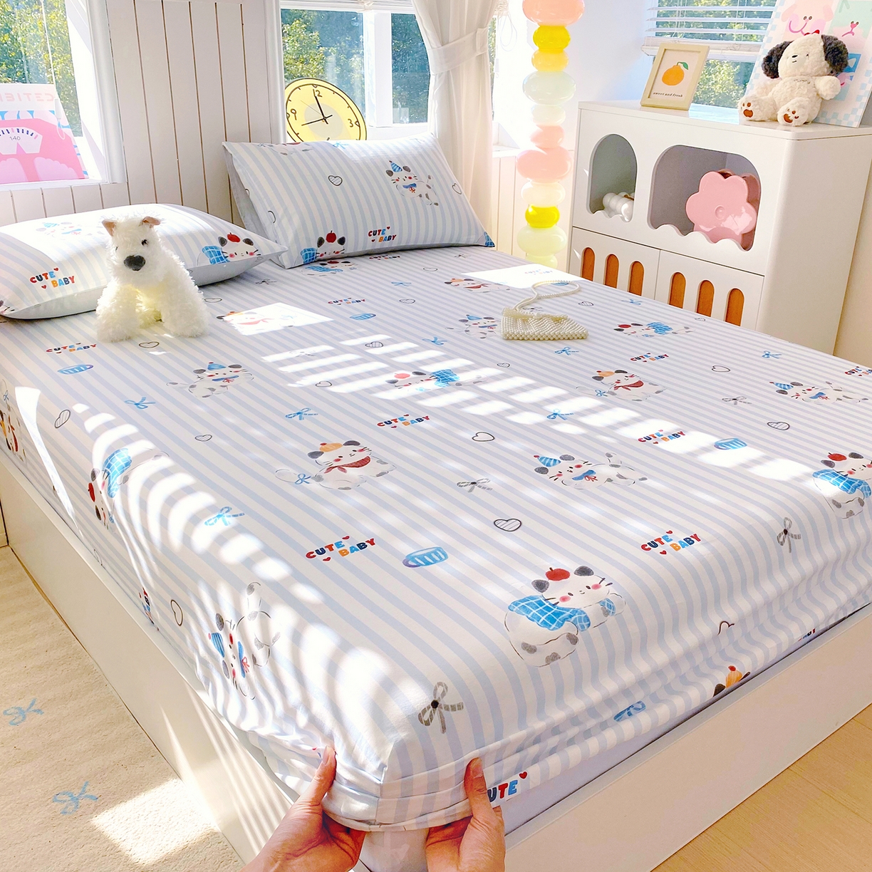 91家纺网 家纺一手货源 找家纺 小懒猪 2026新款全棉印花床笠 蓝调喵趣