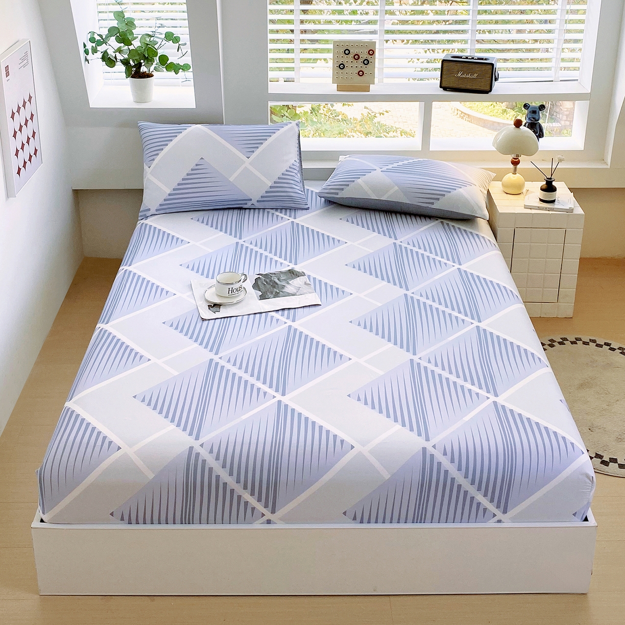 91家纺网 家纺一手货源 找家纺 小懒猪 2026新款全棉印花床笠 蓝灰格序