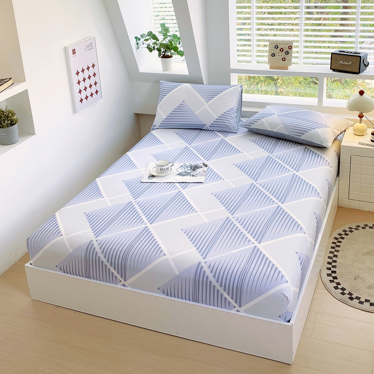 91家纺网 家纺一手货源 找家纺 小懒猪 2026新款全棉印花床笠 蓝灰格序