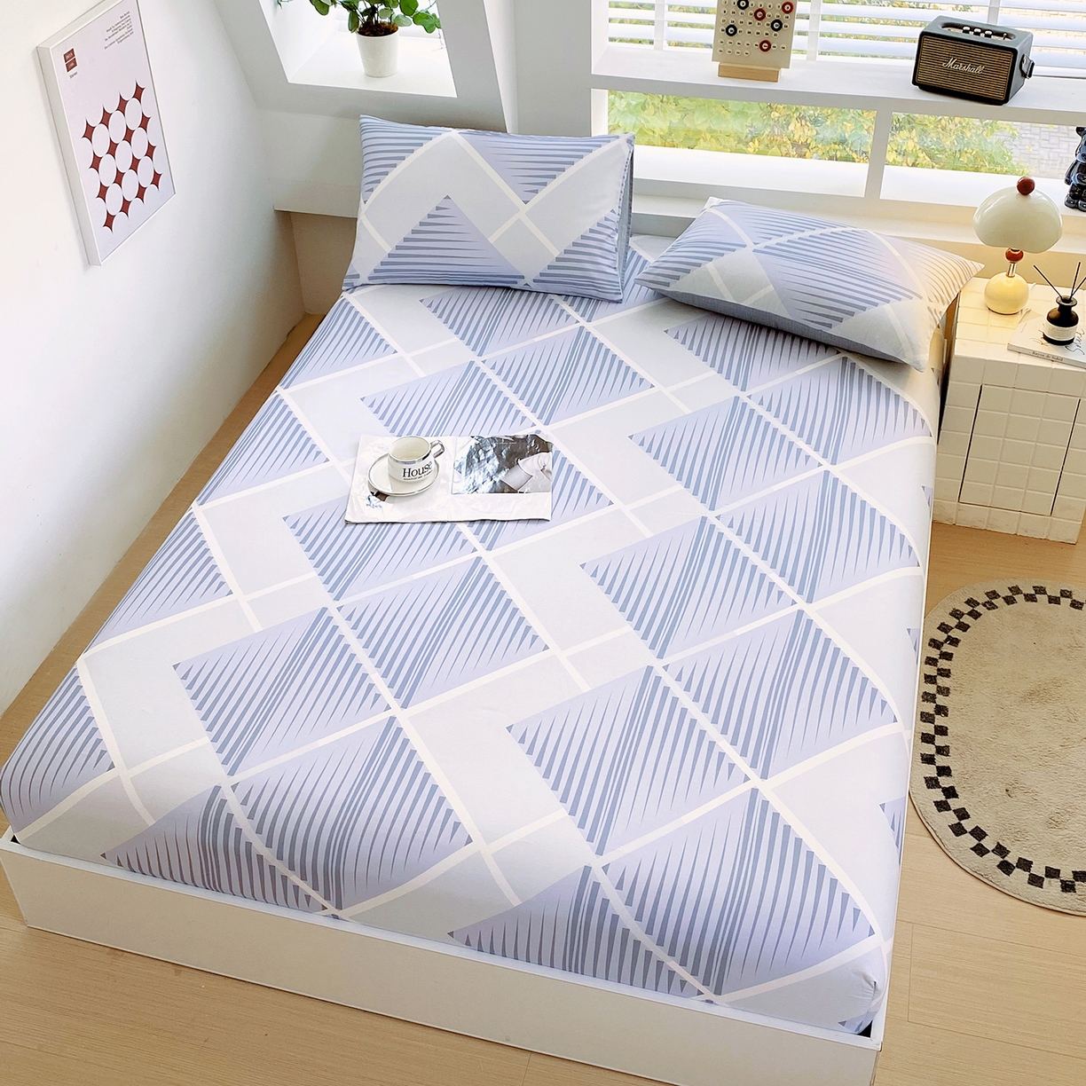 91家纺网 家纺一手货源 找家纺 小懒猪 2026新款全棉印花床笠 蓝灰格序