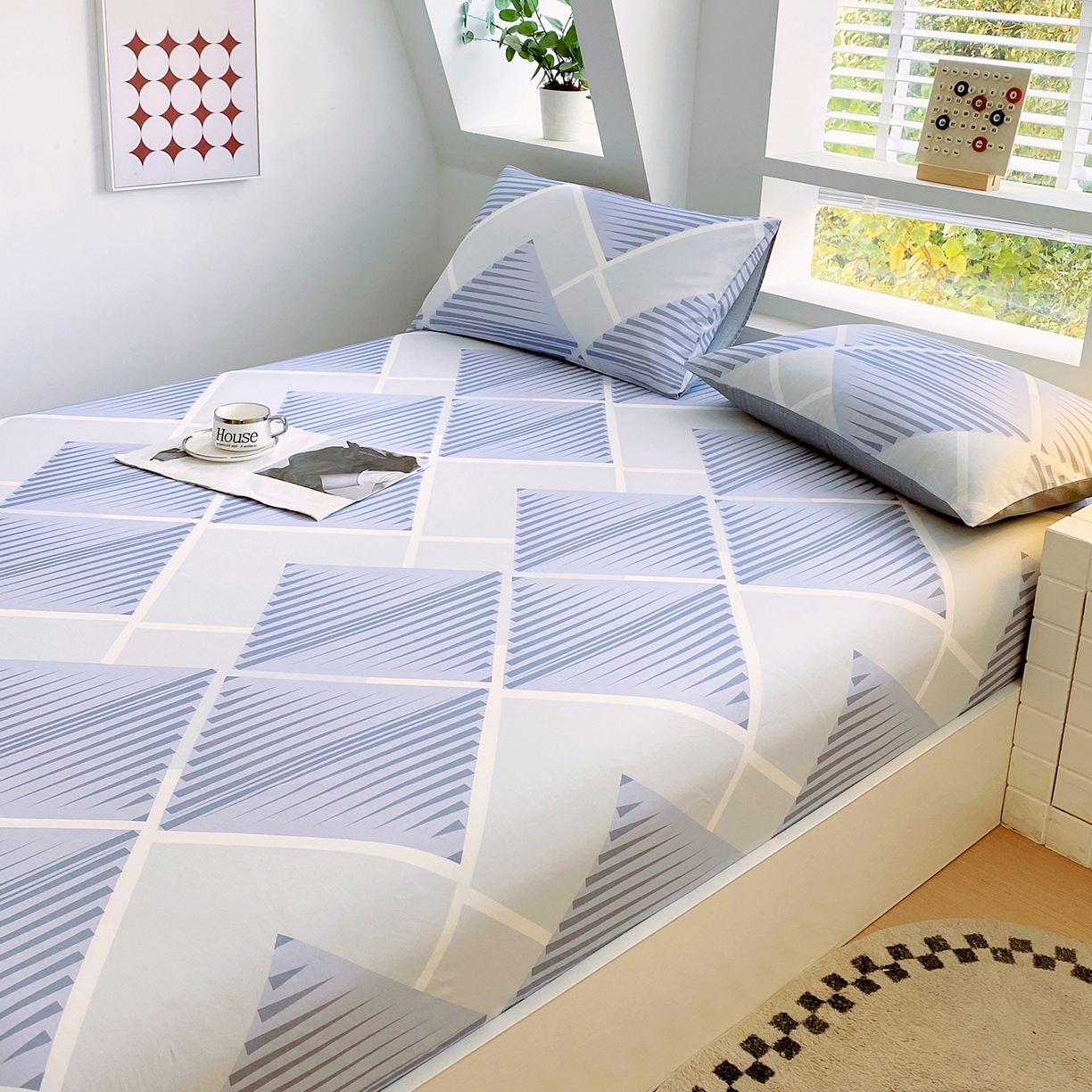 91家纺网 家纺一手货源 找家纺 小懒猪 2026新款全棉印花床笠 蓝灰格序