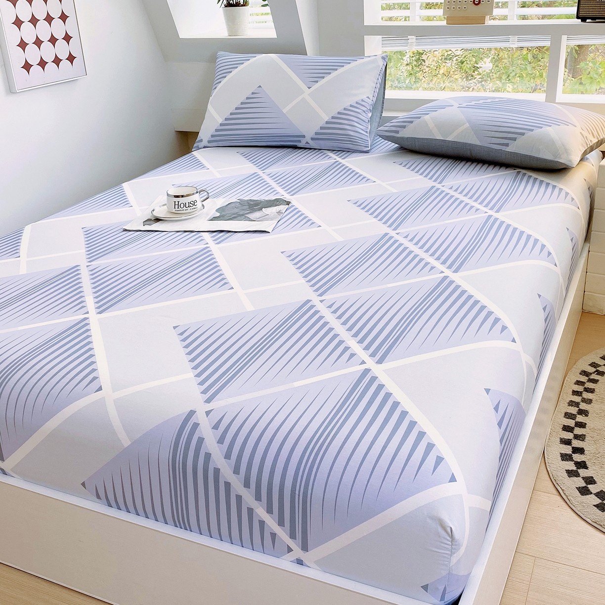 91家纺网 家纺一手货源 找家纺 小懒猪 2026新款全棉印花床笠 蓝灰格序