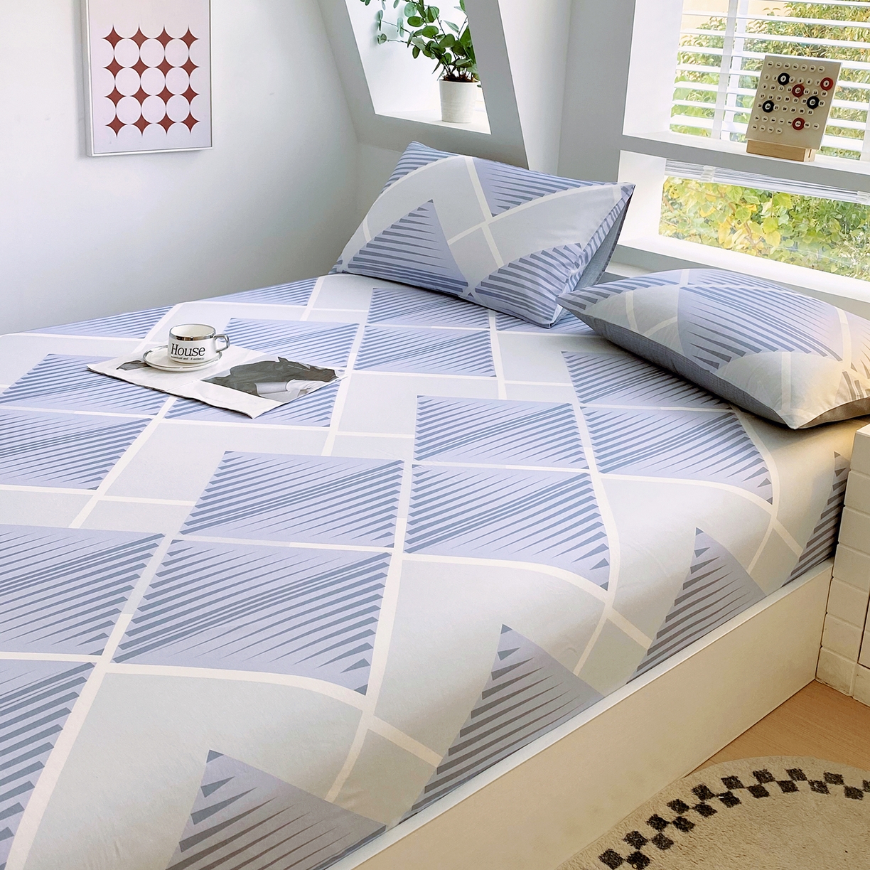 91家纺网 家纺一手货源 找家纺 小懒猪 2026新款全棉印花床笠 蓝灰格序