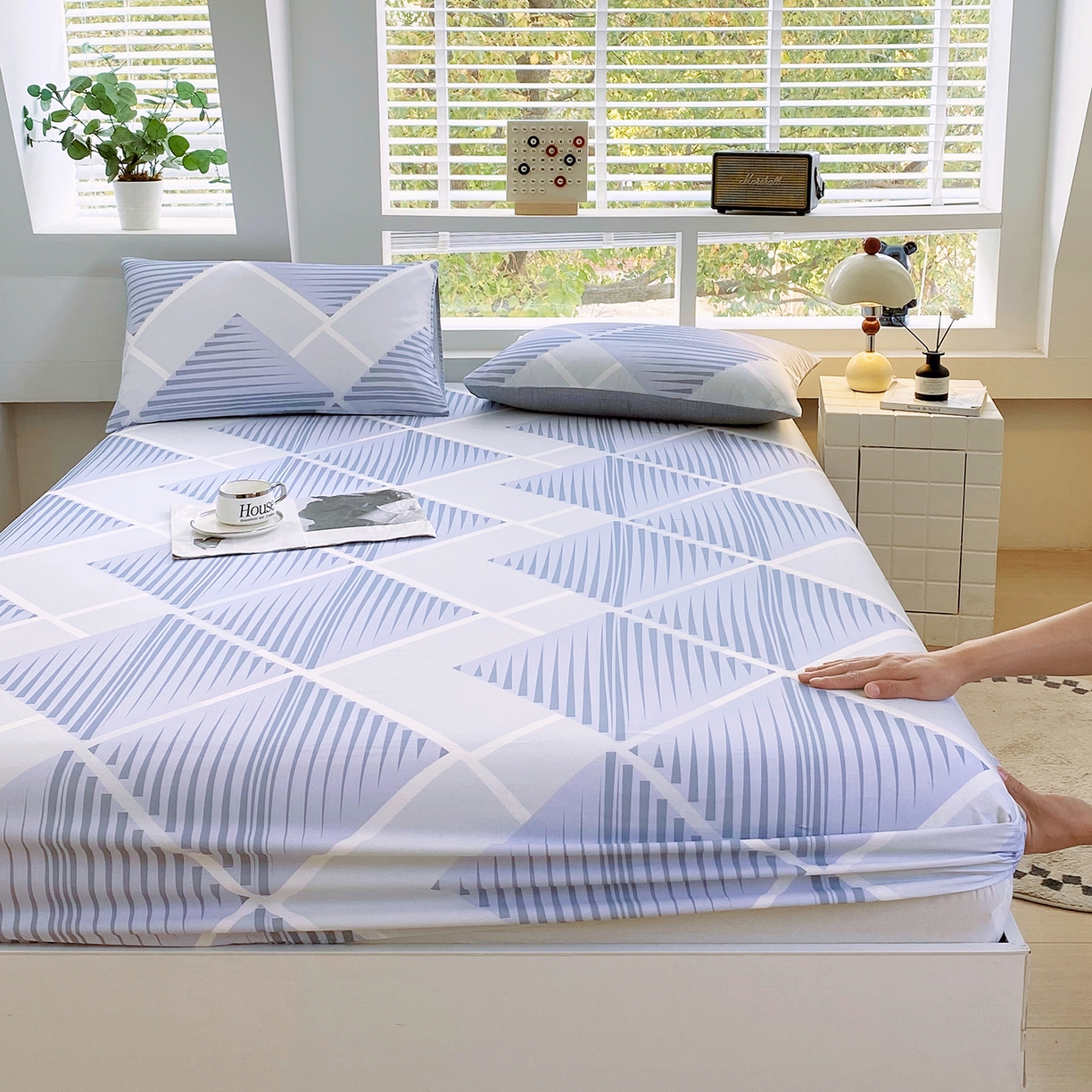 91家纺网 家纺一手货源 找家纺 小懒猪 2026新款全棉印花床笠 蓝灰格序