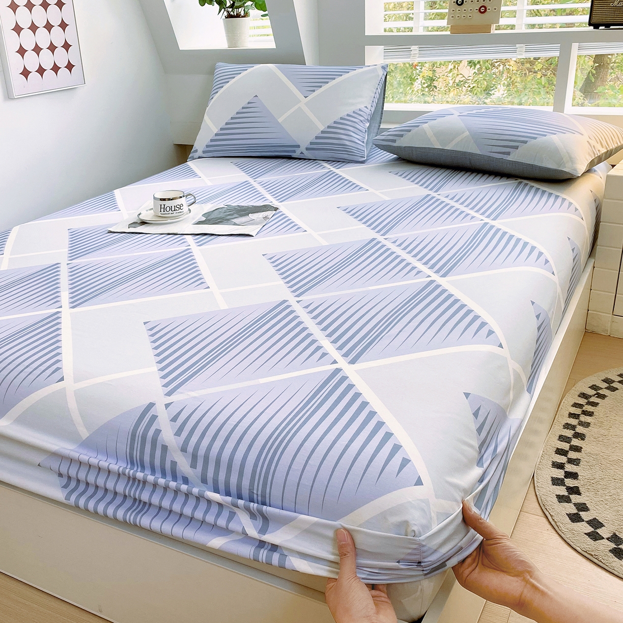 91家纺网 家纺一手货源 找家纺 小懒猪 2026新款全棉印花床笠 蓝灰格序