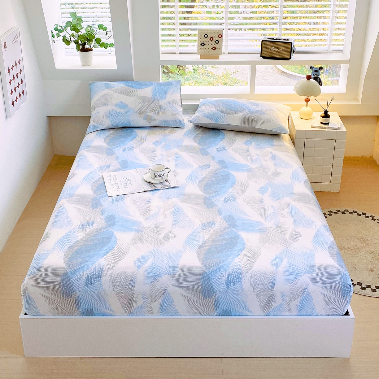 91家纺网 家纺一手货源 找家纺 小懒猪 2026新款全棉印花床笠 蓝絮银织