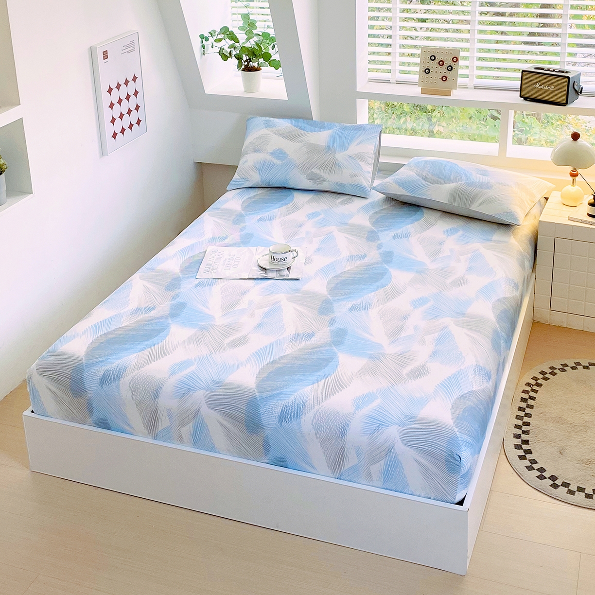 91家纺网 家纺一手货源 找家纺 小懒猪 2026新款全棉印花床笠 蓝絮银织