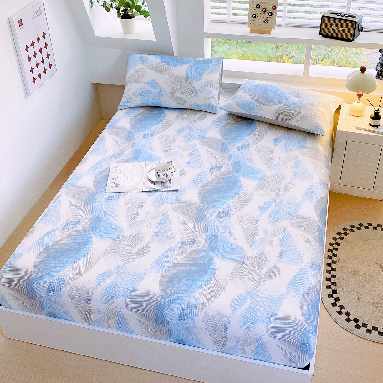 91家纺网 家纺一手货源 找家纺 小懒猪 2026新款全棉印花床笠 蓝絮银织