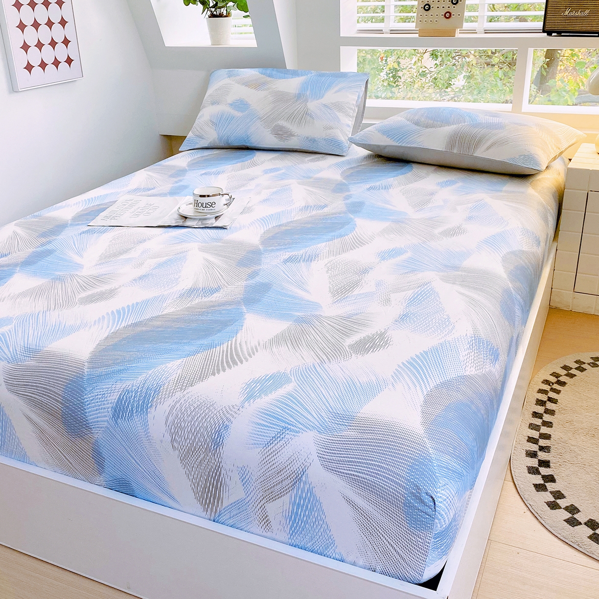 91家纺网 家纺一手货源 找家纺 小懒猪 2026新款全棉印花床笠 蓝絮银织