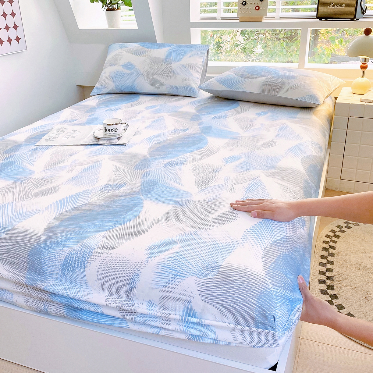 91家纺网 家纺一手货源 找家纺 小懒猪 2026新款全棉印花床笠 蓝絮银织