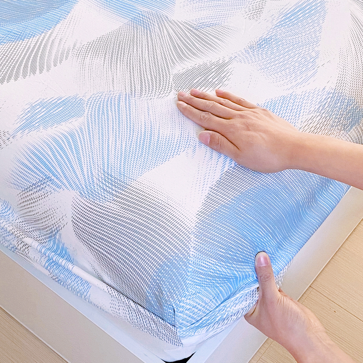 91家纺网 家纺一手货源 找家纺 小懒猪 2026新款全棉印花床笠 蓝絮银织