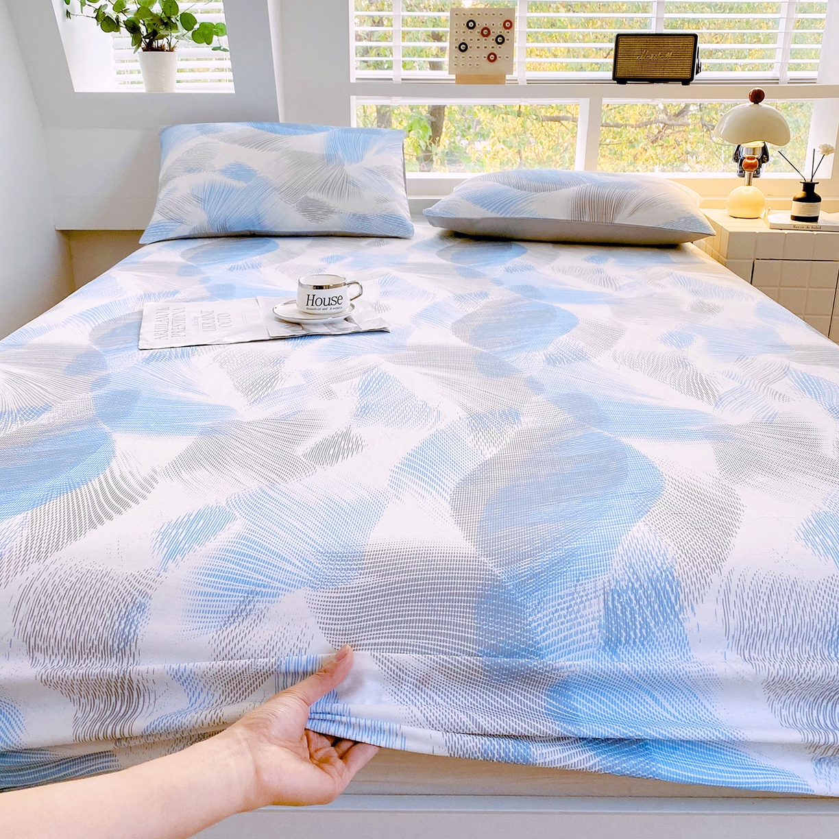 91家纺网 家纺一手货源 找家纺 小懒猪 2026新款全棉印花床笠 蓝絮银织