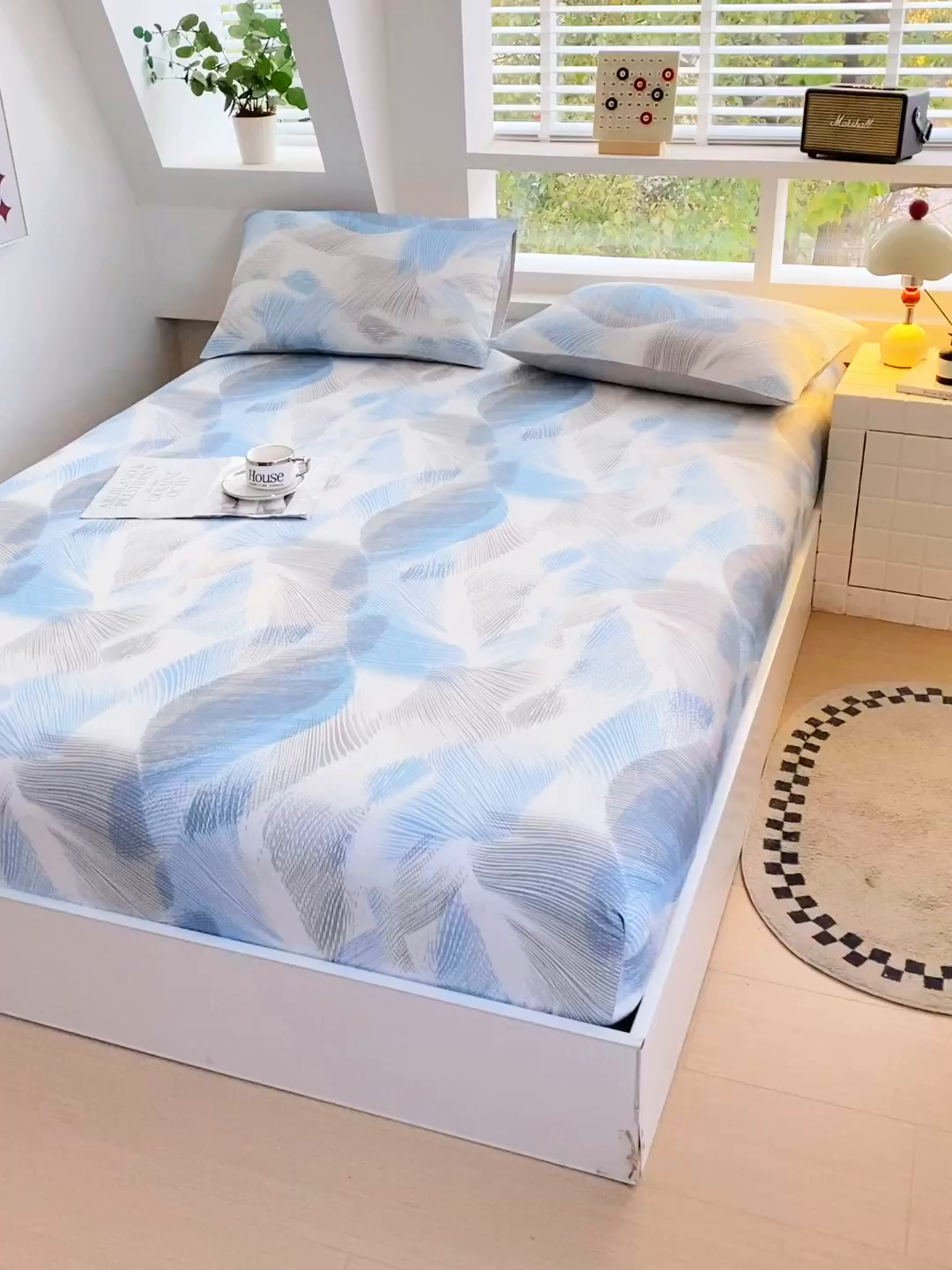 91家纺网 家纺一手货源 找家纺 小懒猪 2026新款全棉印花床笠 蓝絮银织