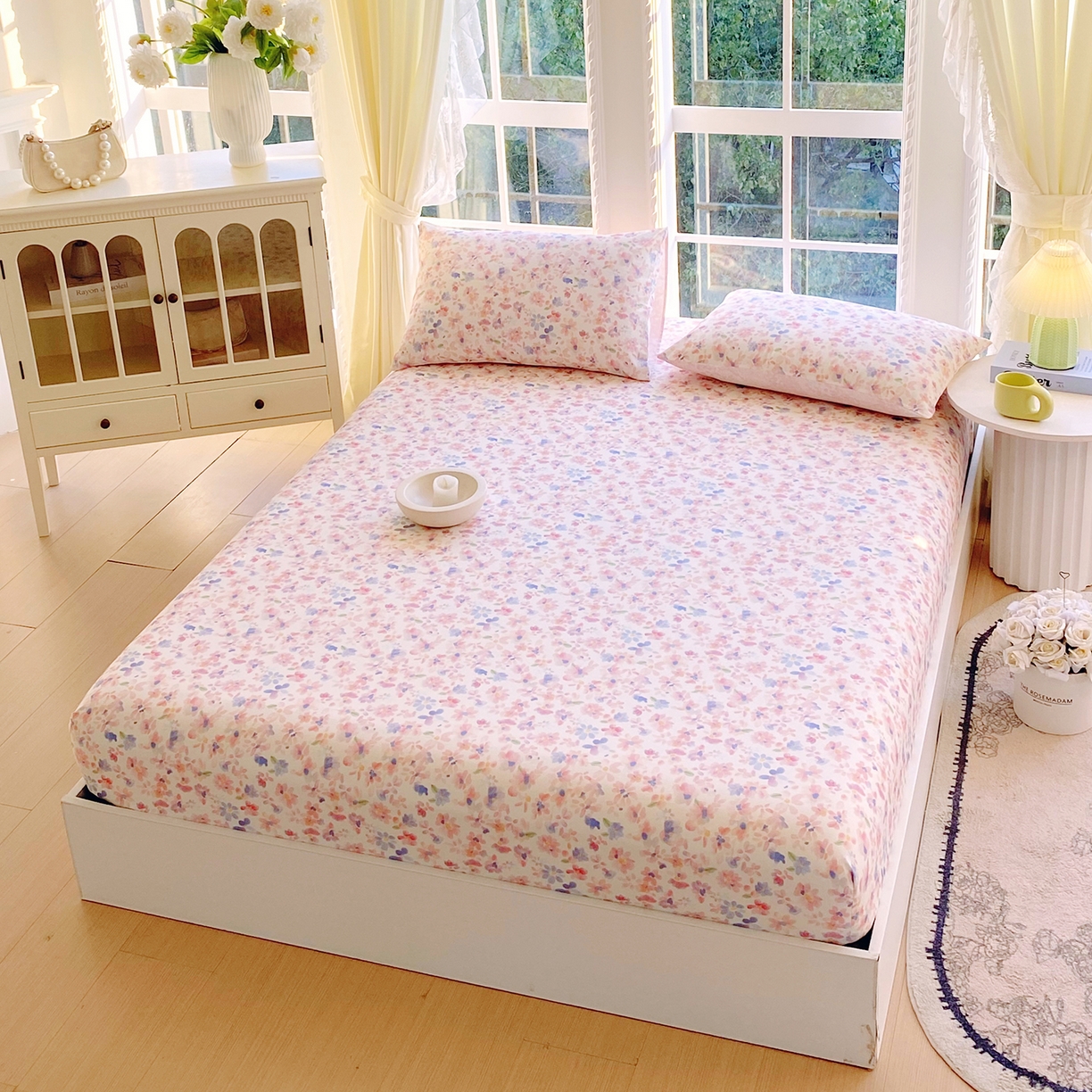 91家纺网 家纺一手货源 找家纺 小懒猪 2026新款全棉印花床笠 漫彩花韵