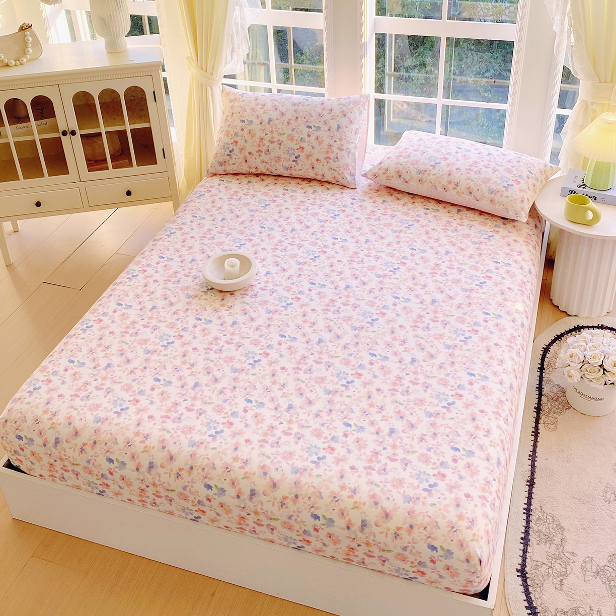 91家纺网 家纺一手货源 找家纺 小懒猪 2026新款全棉印花床笠 漫彩花韵