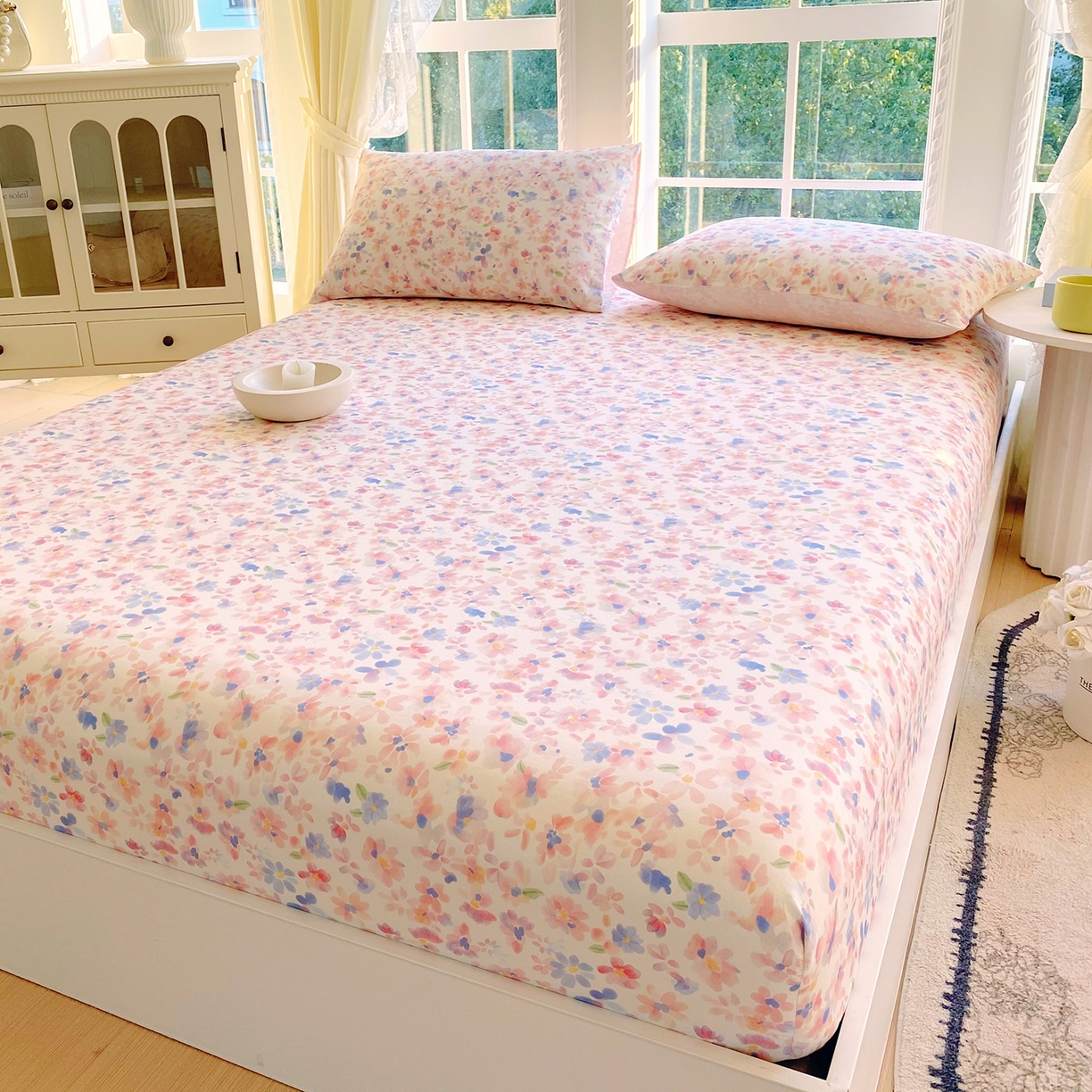 91家纺网 家纺一手货源 找家纺 小懒猪 2026新款全棉印花床笠 漫彩花韵