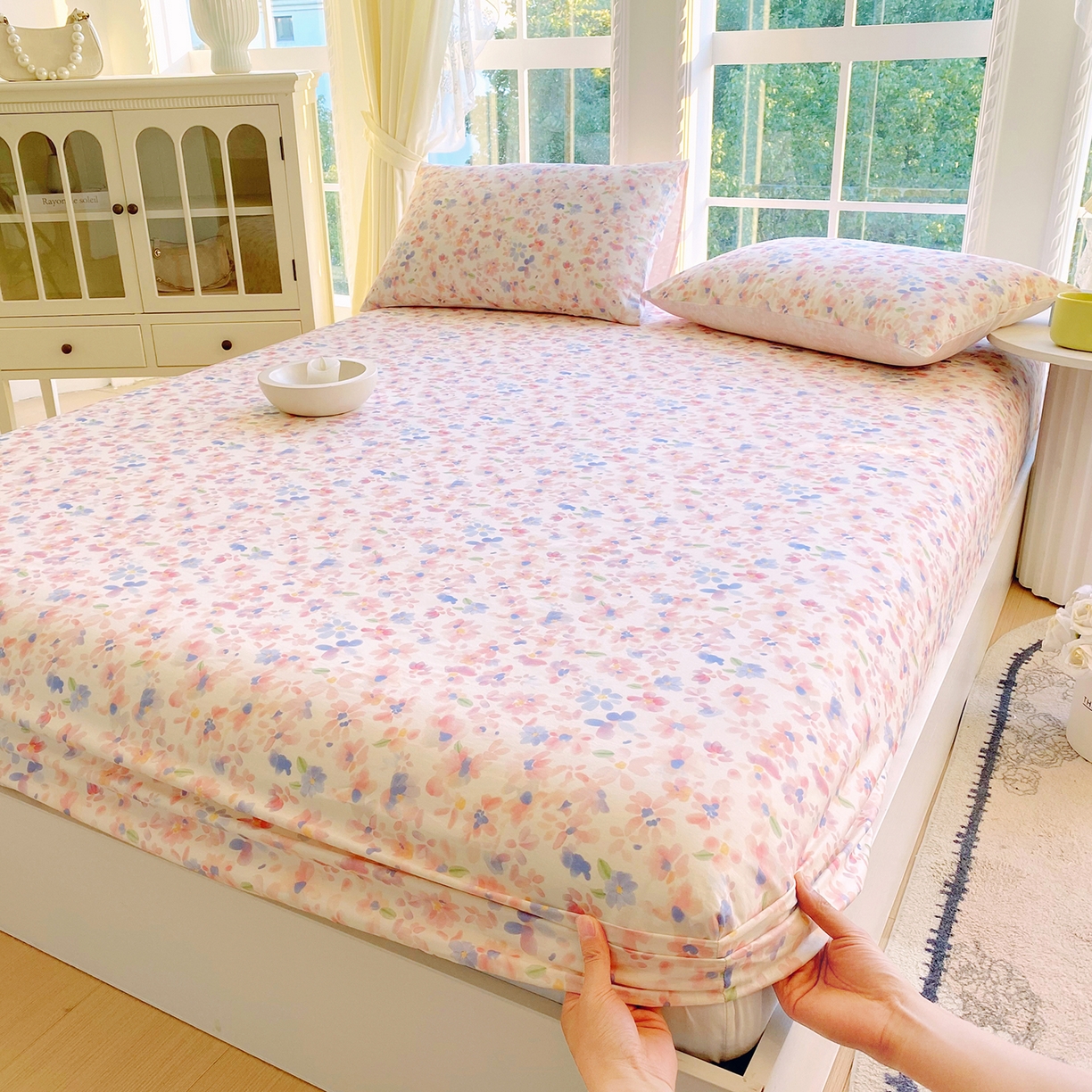 91家纺网 家纺一手货源 找家纺 小懒猪 2026新款全棉印花床笠 漫彩花韵