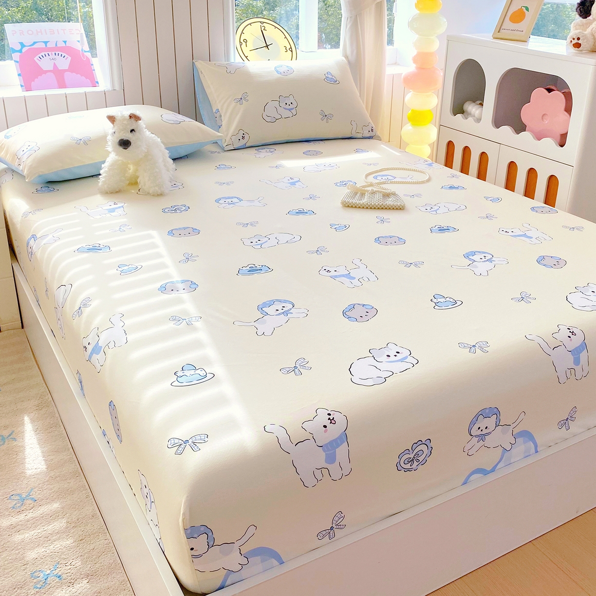 91家纺网 家纺一手货源 找家纺 小懒猪 2026新款全棉印花床笠 喵语时光