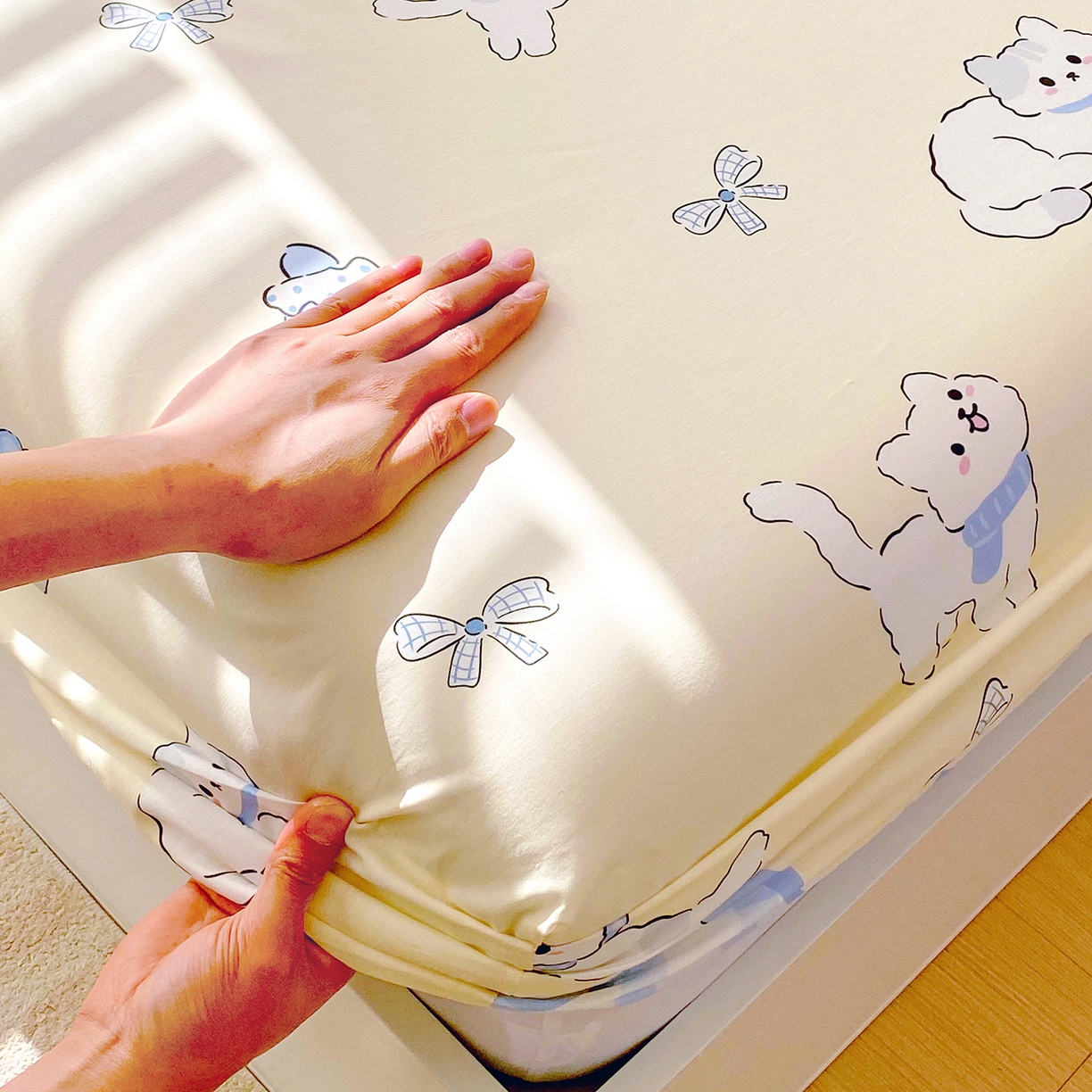 91家纺网 家纺一手货源 找家纺 小懒猪 2026新款全棉印花床笠 喵语时光