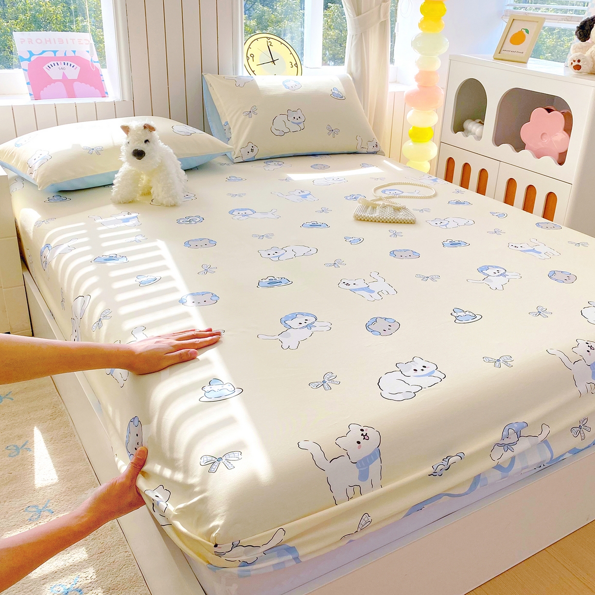 91家纺网 家纺一手货源 找家纺 小懒猪 2026新款全棉印花床笠 喵语时光