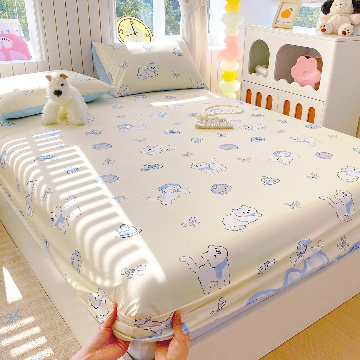 91家纺网 家纺一手货源 找家纺 小懒猪 2026新款全棉印花床笠 喵语时光