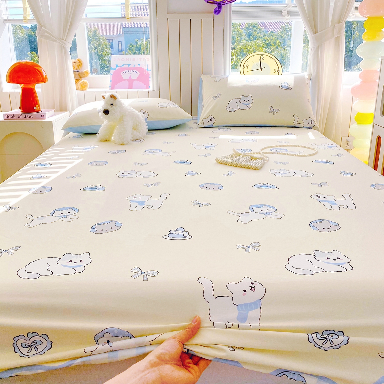 91家纺网 家纺一手货源 找家纺 小懒猪 2026新款全棉印花床笠 喵语时光