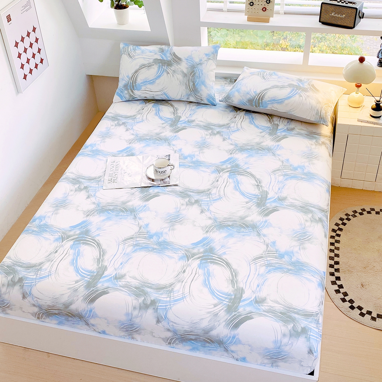 91家纺网 家纺一手货源 找家纺 小懒猪 2026新款全棉印花床笠 墨旋