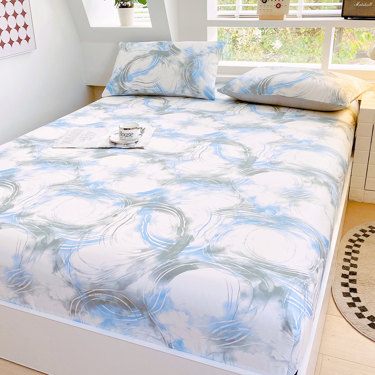 91家纺网 家纺一手货源 找家纺 小懒猪 2026新款全棉印花床笠 墨旋