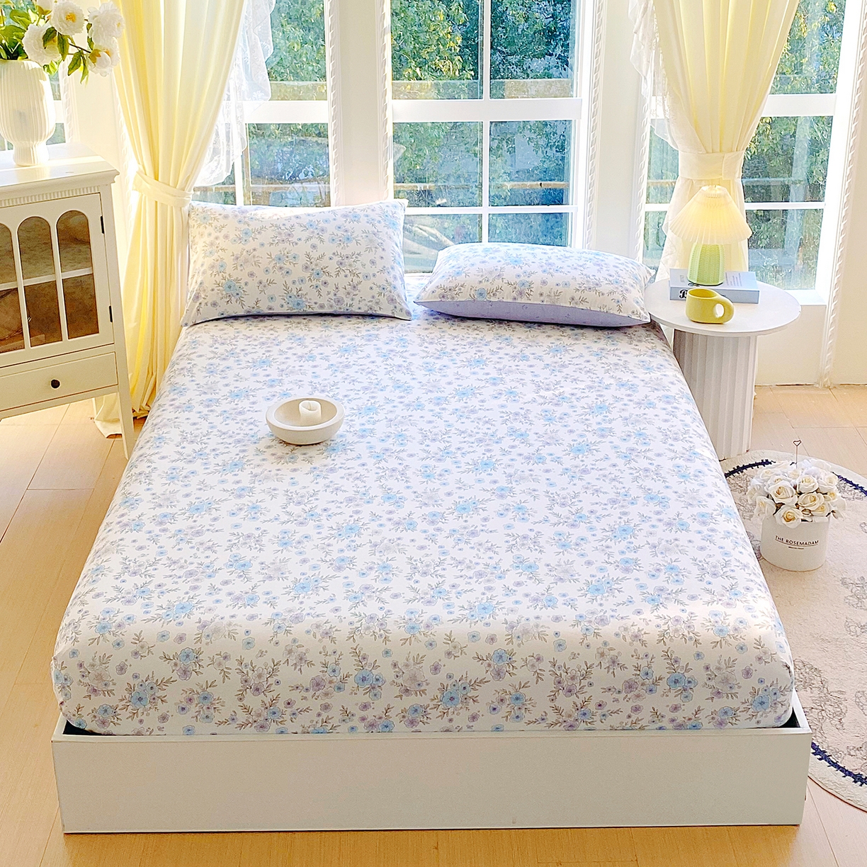 91家纺网 家纺一手货源 找家纺 小懒猪 2026新款全棉印花床笠 青蔓花盏