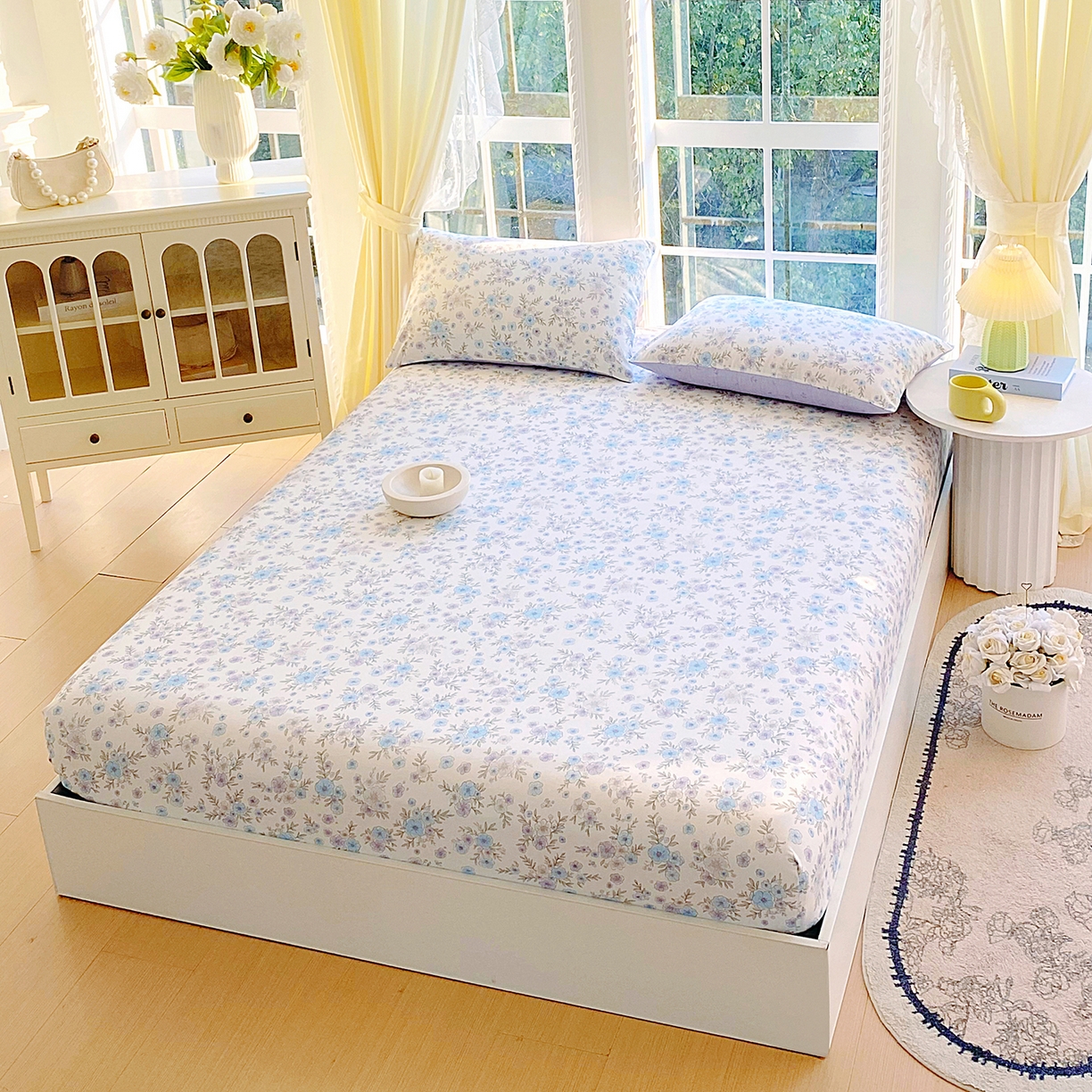 91家纺网 家纺一手货源 找家纺 小懒猪 2026新款全棉印花床笠 青蔓花盏