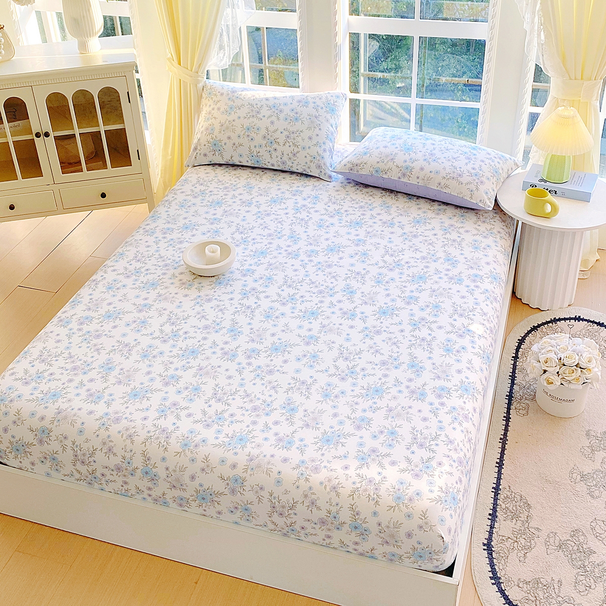 91家纺网 家纺一手货源 找家纺 小懒猪 2026新款全棉印花床笠 青蔓花盏