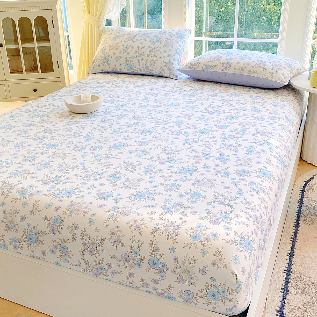 91家纺网 家纺一手货源 找家纺 小懒猪 2026新款全棉印花床笠 青蔓花盏