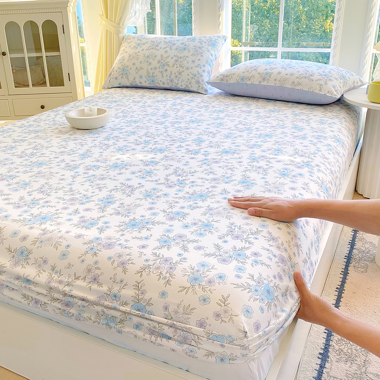 91家纺网 家纺一手货源 找家纺 小懒猪 2026新款全棉印花床笠 青蔓花盏