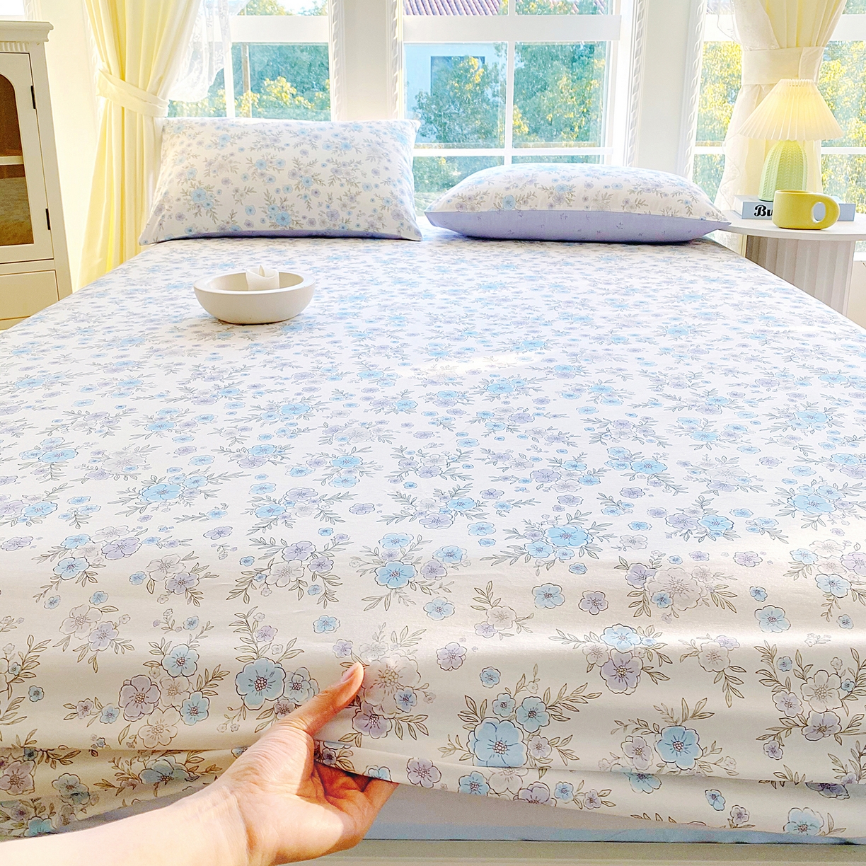 91家纺网 家纺一手货源 找家纺 小懒猪 2026新款全棉印花床笠 青蔓花盏