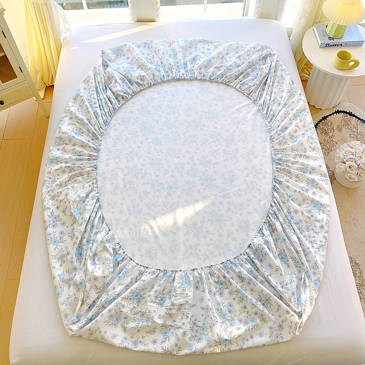 91家纺网 家纺一手货源 找家纺 小懒猪 2026新款全棉印花床笠 青蔓花盏