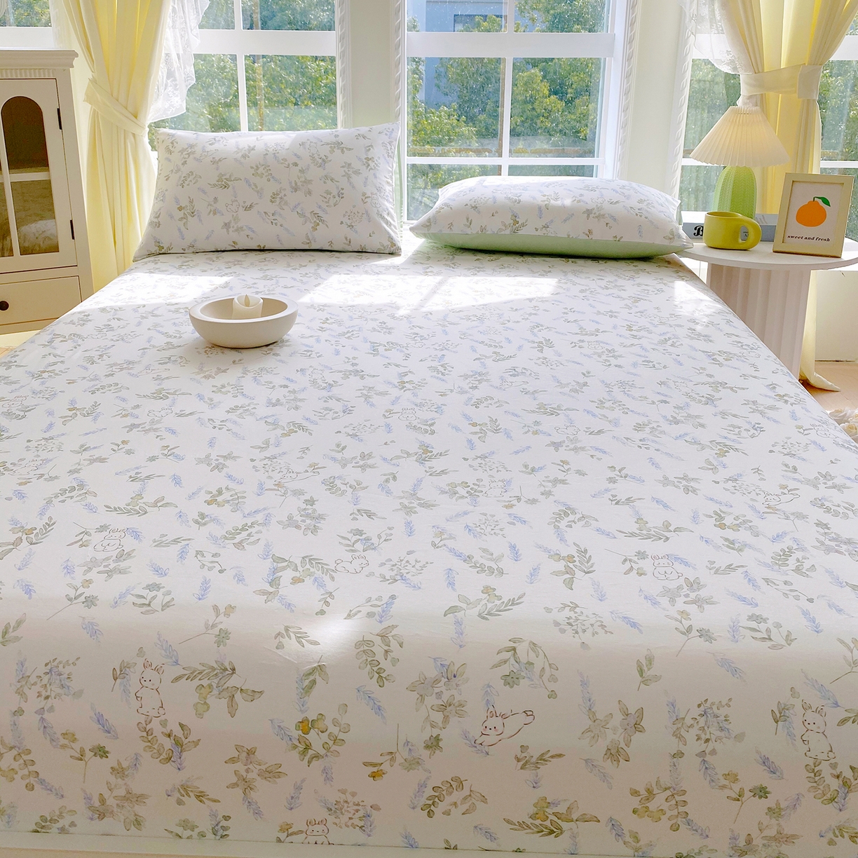 91家纺网 家纺一手货源 找家纺 小懒猪 2026新款全棉印花床笠 森屹兔眠